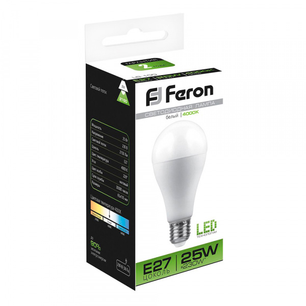 Лампа светодиодная 25 Вт 230В Е=27 4000К 2150Лм LED A-65 LB-100 Feron 